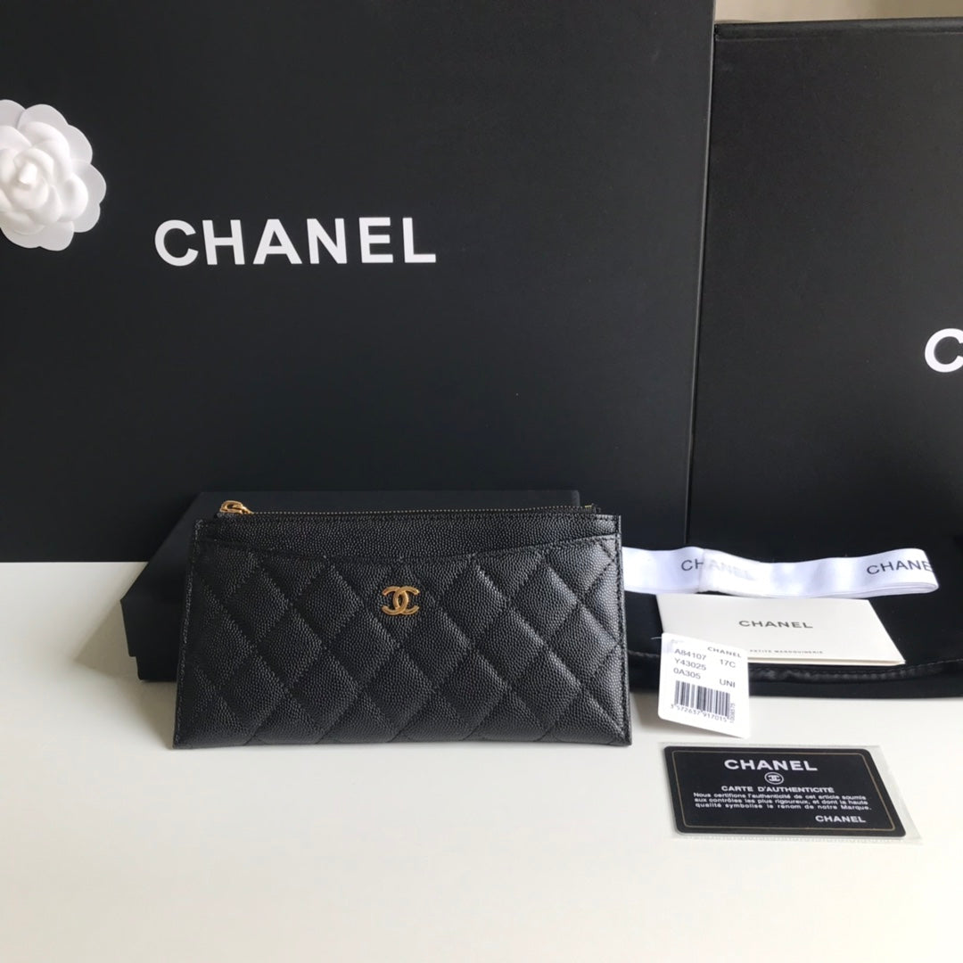 Chanel 拉鍊長夾卡包-扁長夾-黑色荔枝皮金釦