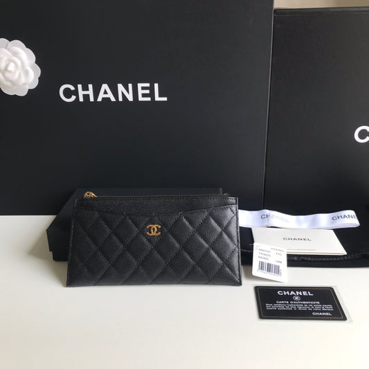 Chanel 拉鍊長夾卡包-扁長夾-黑色荔枝皮金釦