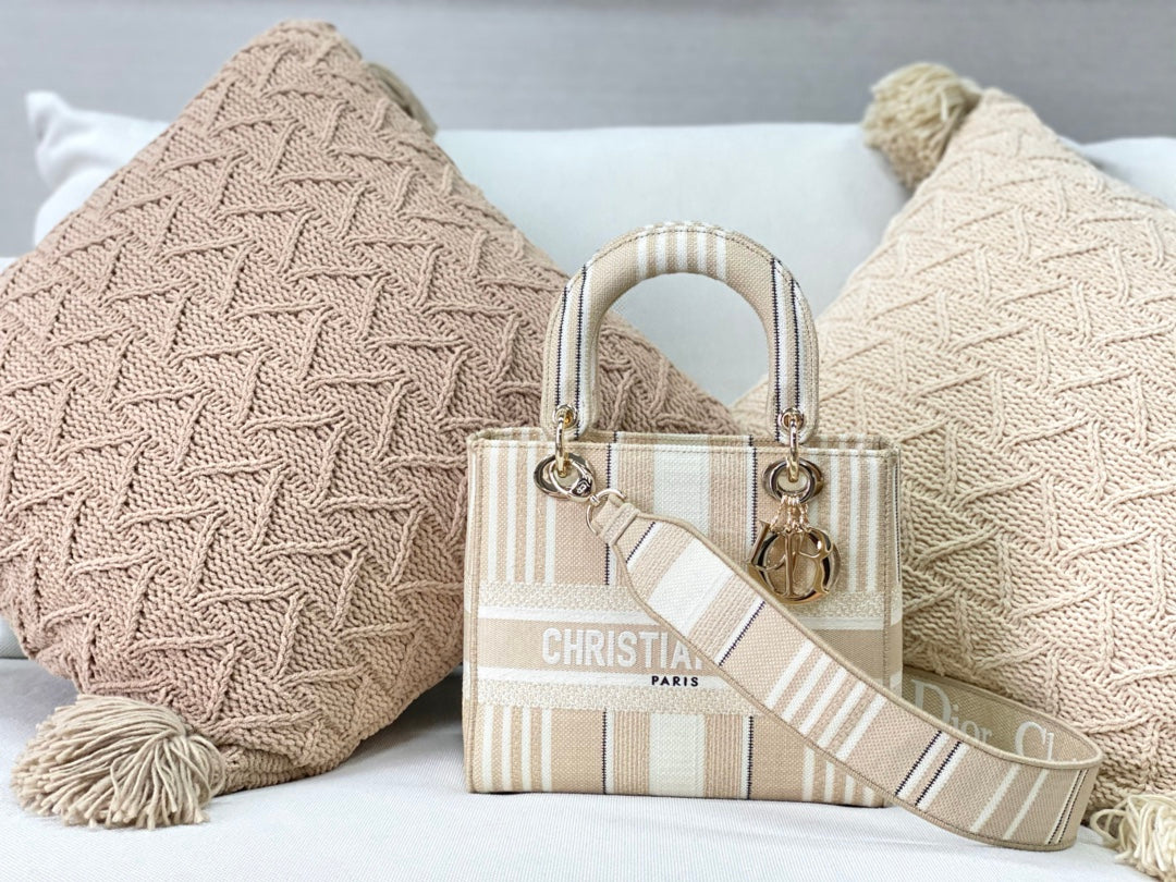 Dior Lady D-Lite黛妃包-帆布刺繡-白條紋