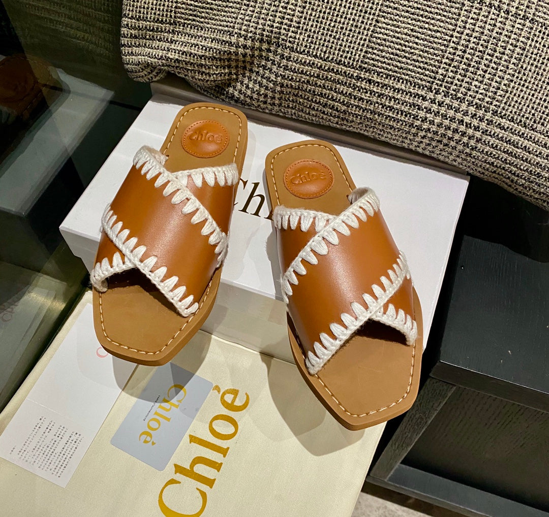 克羅C-交叉皮革平底拖鞋（（尺碼35-39，40-42訂製）
