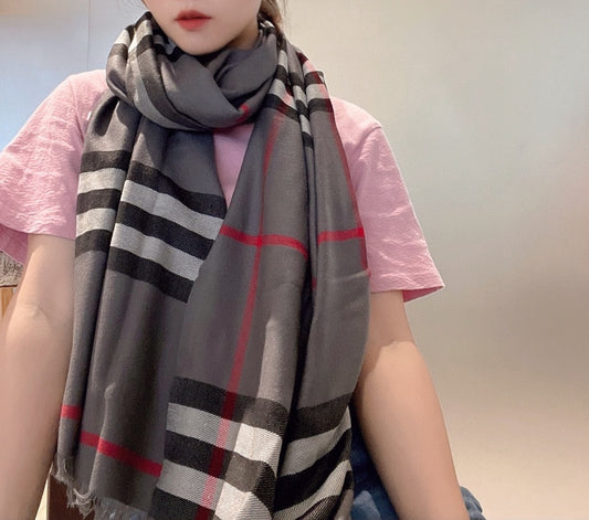 巴B家-格紋羊毛圍巾 70*200cm 灰色