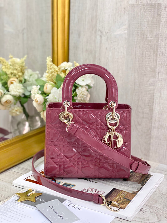 Dior Lady Dior-漆皮金扣-20cm-木槿粉