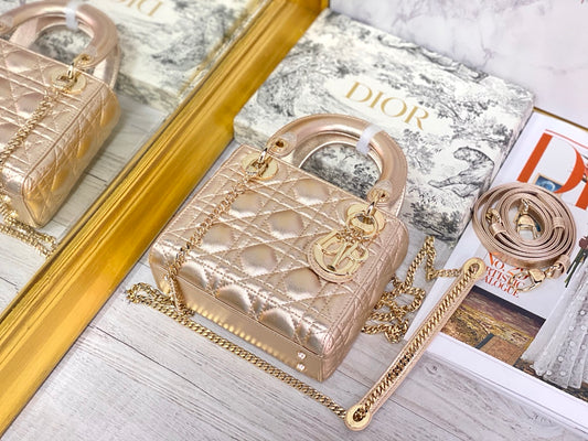 Dior-Mini Lady Dior手袋-三格黛妃-17cm-珠光金金扣