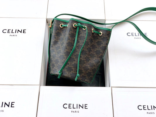Celine TRIOMPHE帆布小號抽繩包-綠色老花