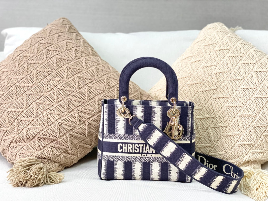 Dior Lady D-Lite黛妃包-帆布刺繡-藍條紋