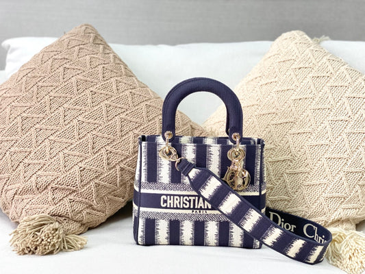 Dior Lady D-Lite黛妃包-帆布刺繡-藍條紋