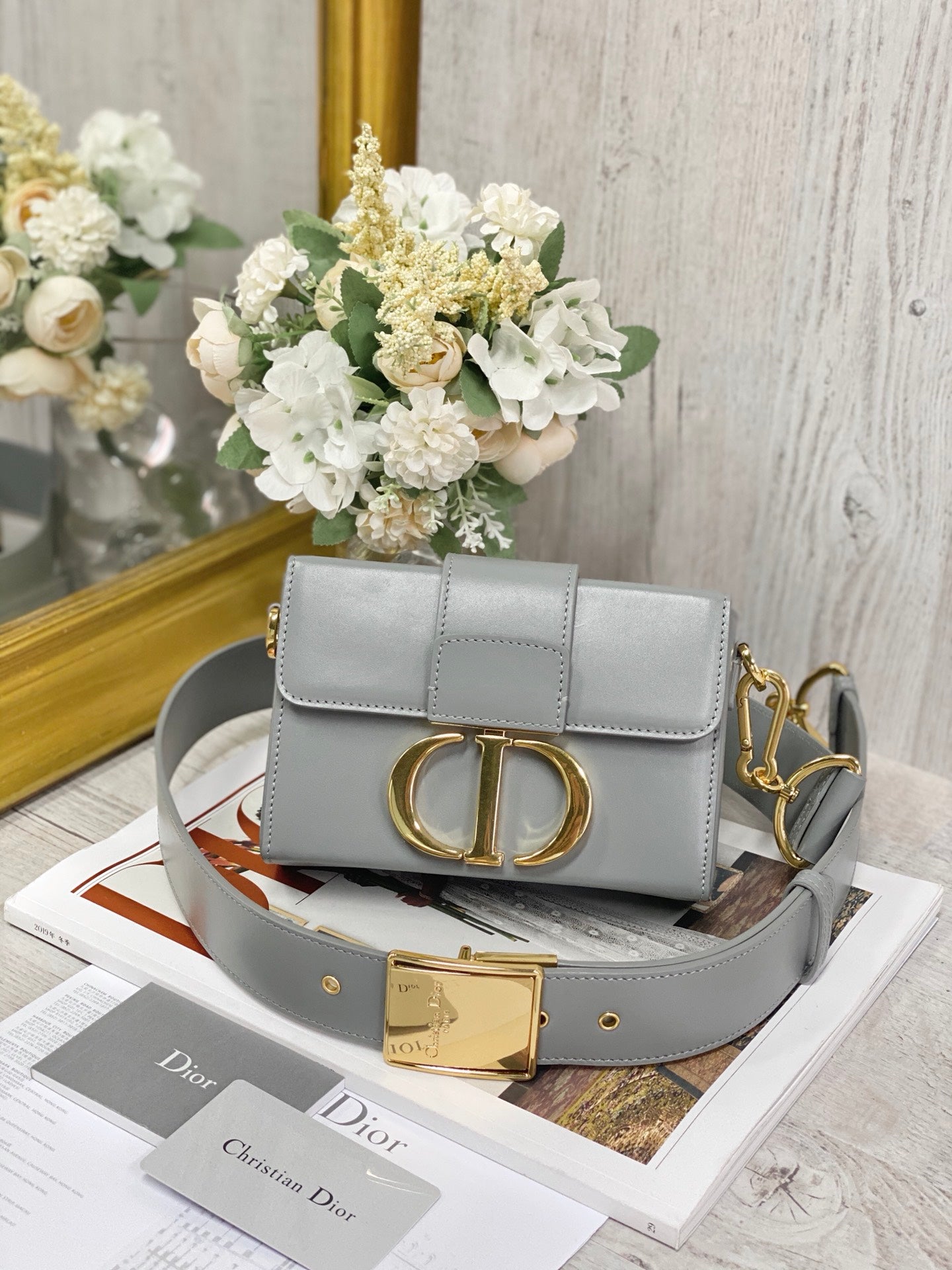 Dior 蒙田 Mini Box-平紋牛皮-金扣-17.5cm-灰色
