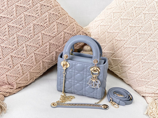 Dior Lady Dior-三格黛妃包-珐瑯扣-17cm-天藍色
