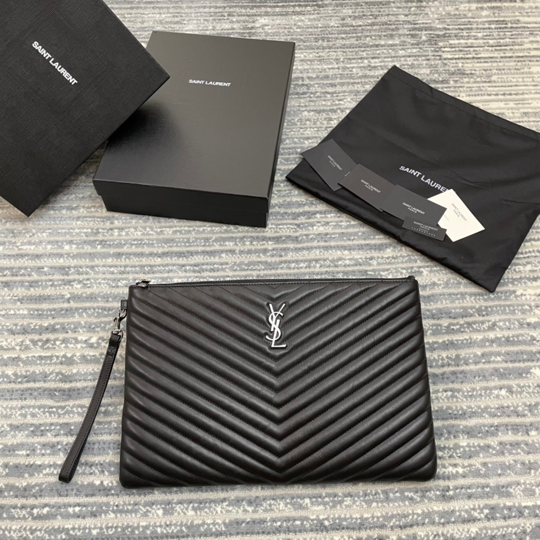 YSL MONOGRAM 大號手拿包-黑色小牛皮銀扣-36cm