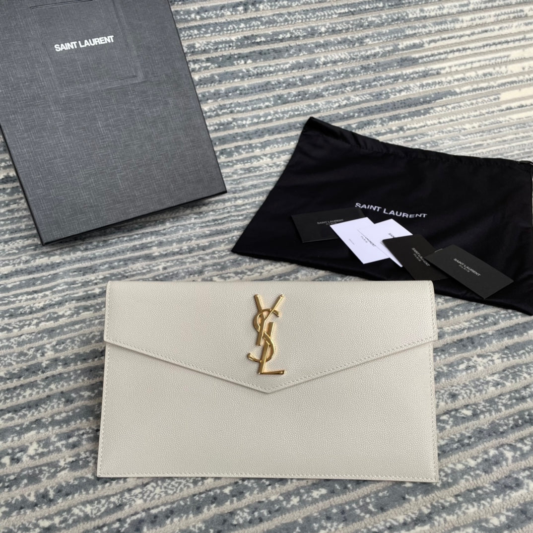 YSL ptown_新品手拿包-白魚子醬皮革金扣