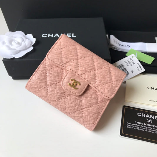 Chanel 三折短夾-粉色球紋皮金釦