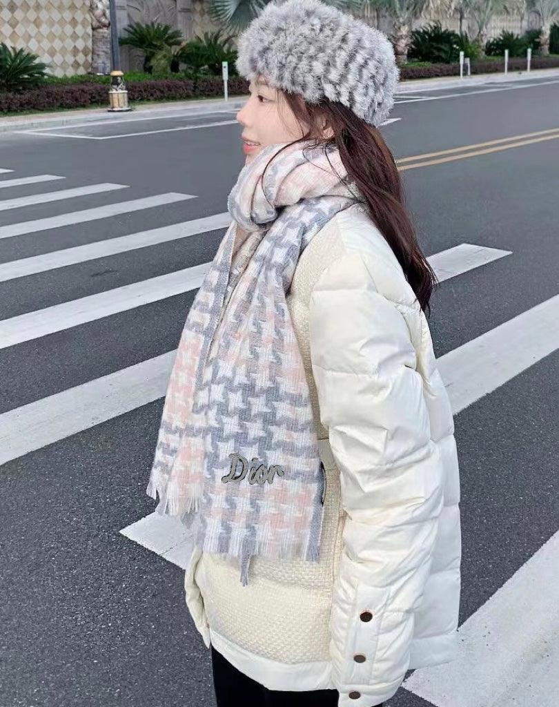 迪D家-山羊絨千鳥格圍巾 45*186cm 米色