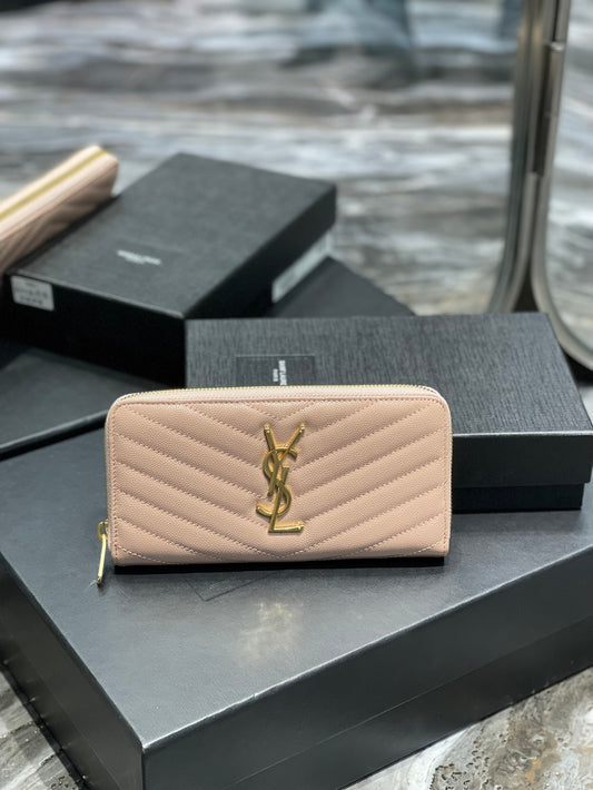 YSL 拉鍊長夾 粉色金扣
