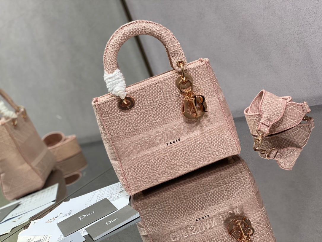 Dior Lady D-Lite黛妃包-刺繡粉色-24cm
