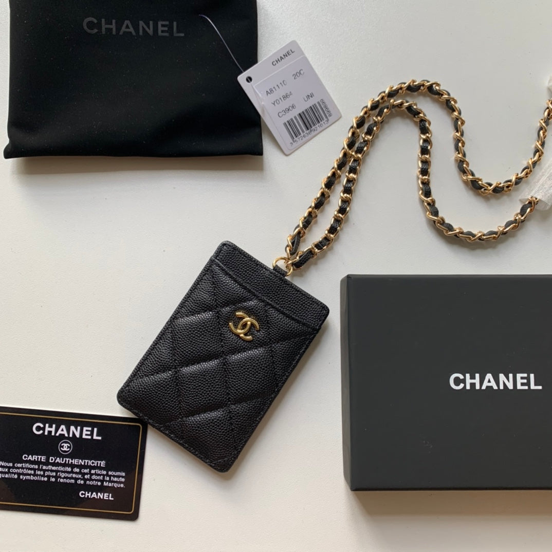Chanel 證件套-黑色荔枝皮金釦