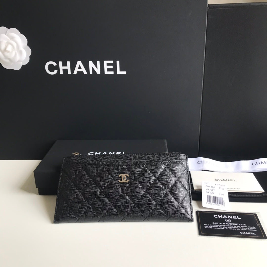 Chanel 拉鍊長夾卡包-扁長夾-黑色荔枝皮銀扣