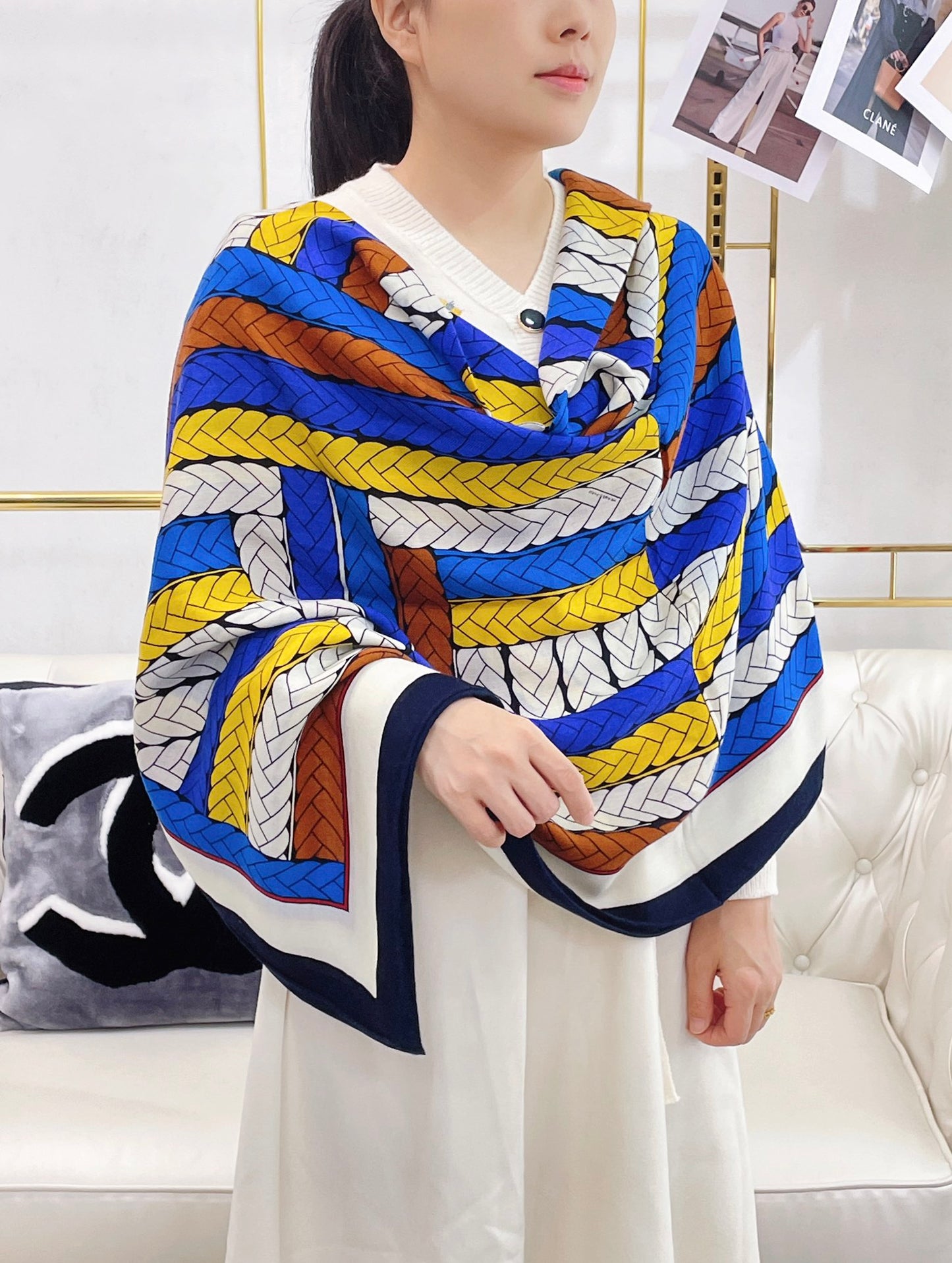 小愛款-H交織字母圍巾 140*140cm 70%山羊絨+30%真絲