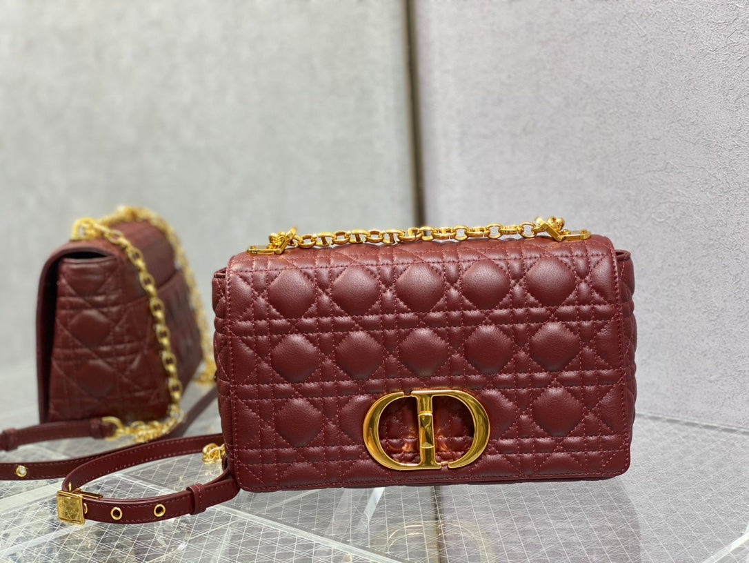 Dior-Caro 菱格紋 小牛皮 中號 酒紅色