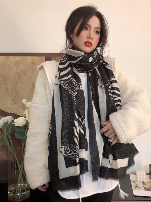 小愛款-駿馬典禮長圍巾 100*200cm 羊絨印花 黑色