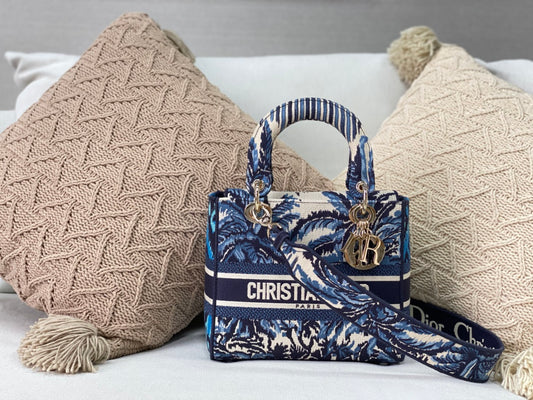Dior Lady D-Lite黛妃包-帆布刺繡-靛藍棕櫚