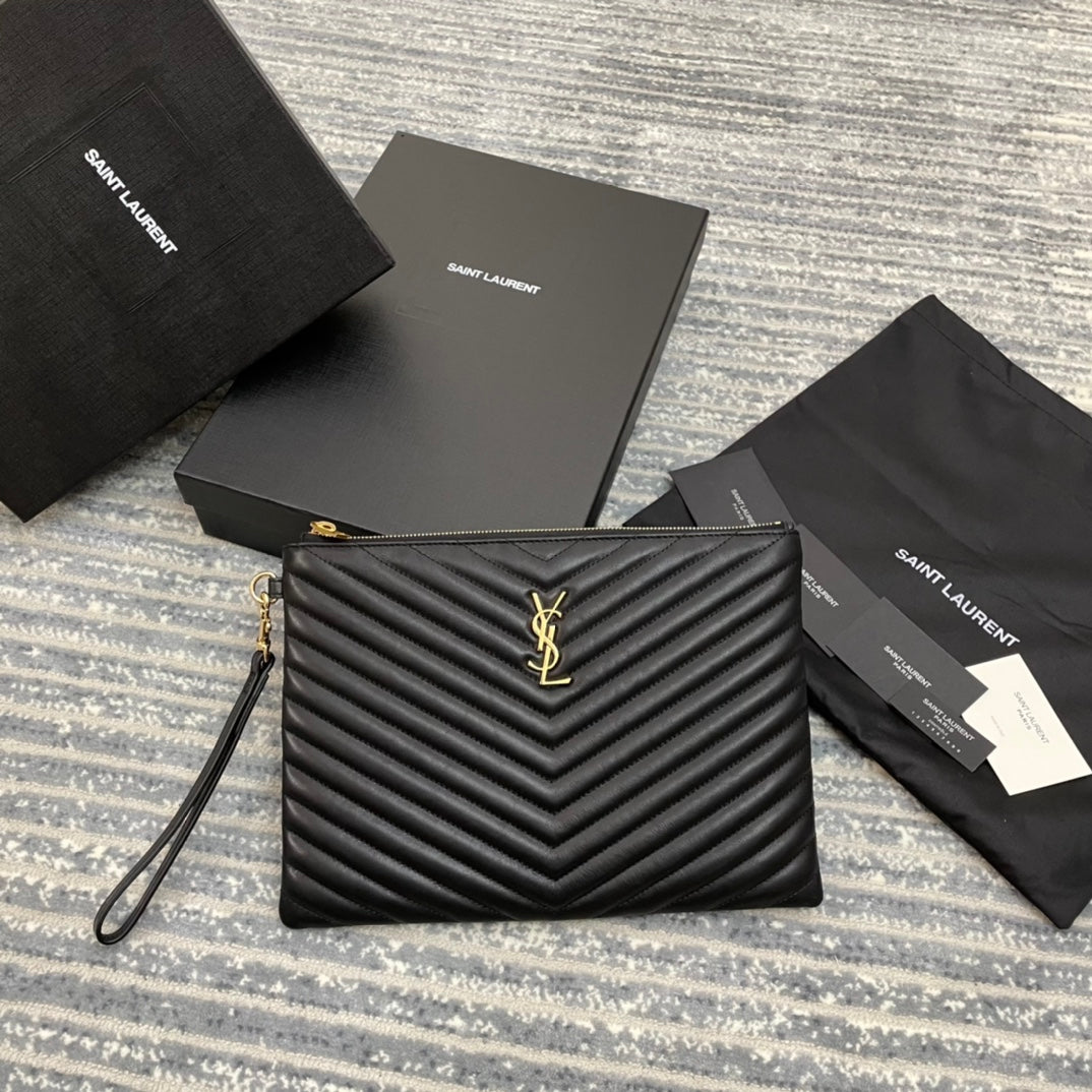 YSL 經典MONOGRAM中號絎縫皮革手包-黑色小牛皮銀扣