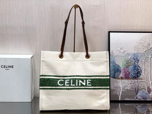 CABAS CELINE “PLEIN SOLEIL”織物和牛皮革方形手袋