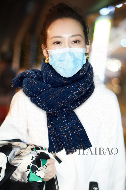 小香家-彩線針織披肩圍巾 60*190cm 100%頂級山羊絨 藍色