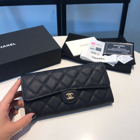 Chanel CF翻蓋長夾-黑色荔枝皮金釦