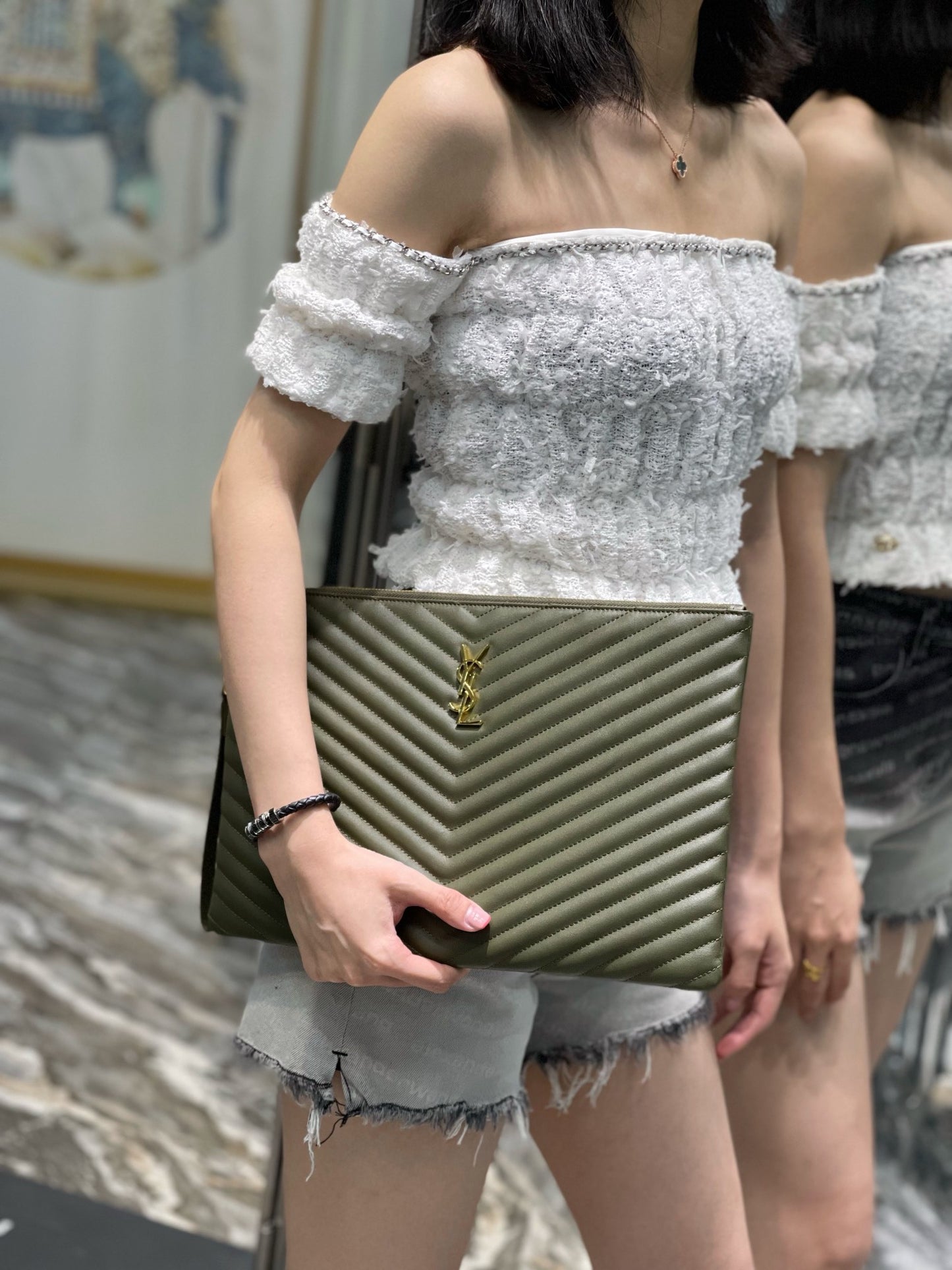 YSL 提花拼接文件手拿包-綠色金扣-36cm