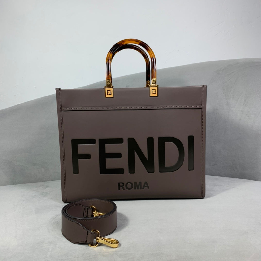 芬F家-Fendi Sunshine-中號褐灰色牛皮手提袋