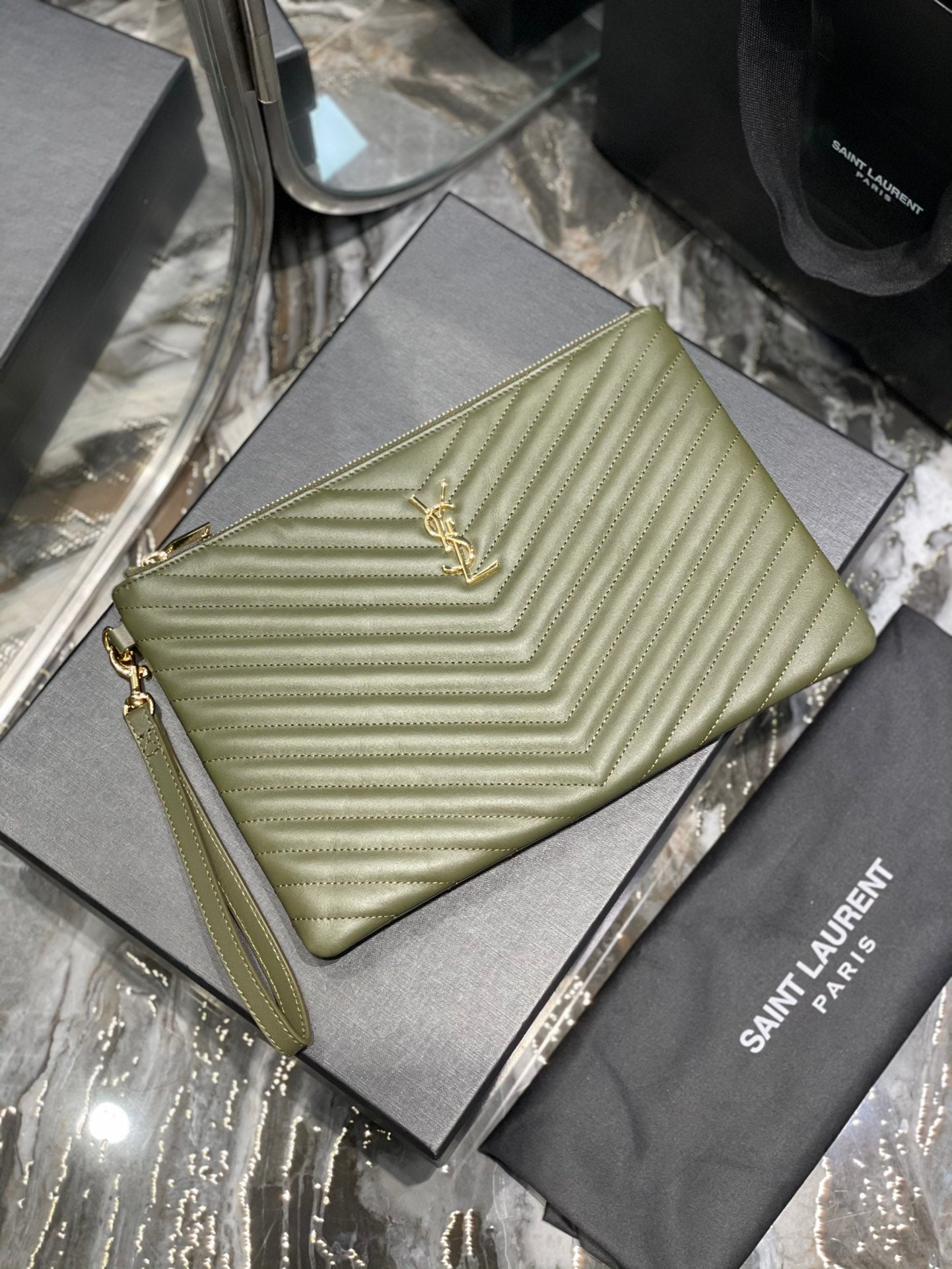 YSL_提花拼接文件手拿包-綠色金扣-30cm
