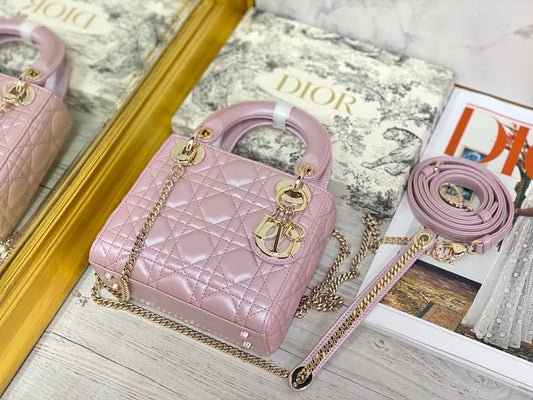 Dior-Mini Lady Dior手袋-三格黛妃-17cm-珠光粉金扣