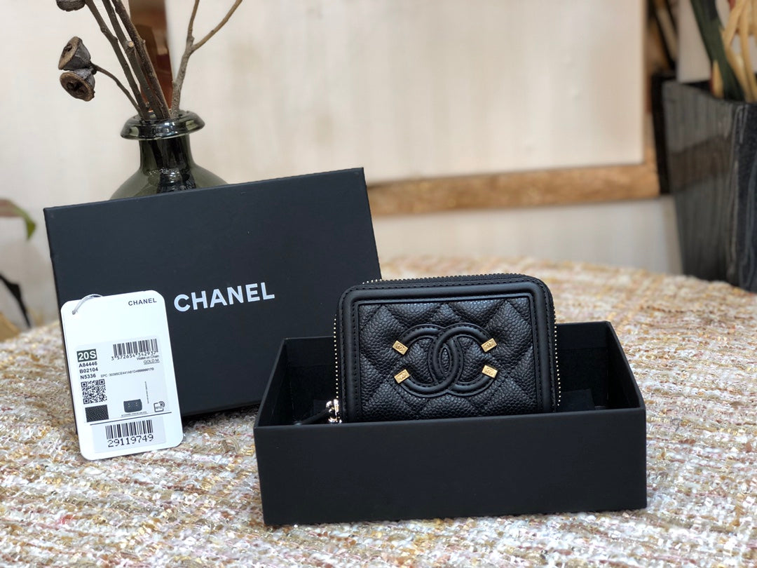 Chanel 復古CC荔枝牛皮拉鍊零錢包-仿舊五金