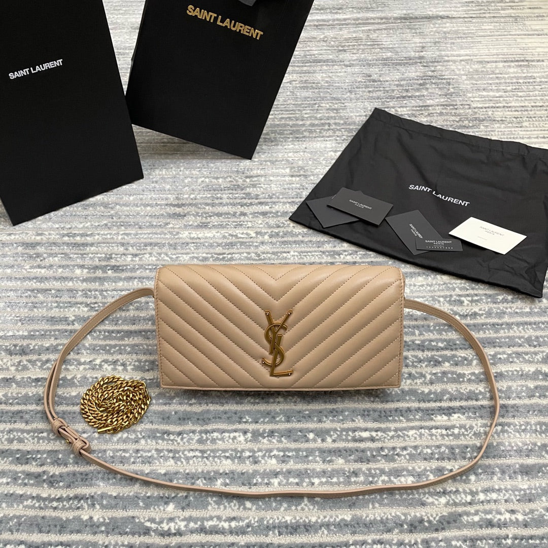 YSL  Kate 99絎縫小羊皮手袋-杏色金扣