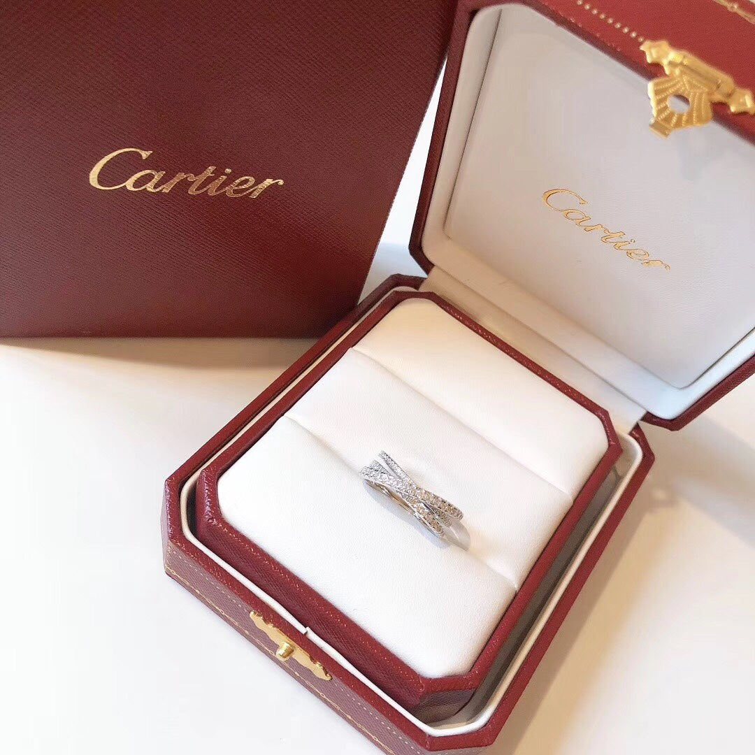 Cartier 窄版交叉戒指戒指-白金-三排鑽