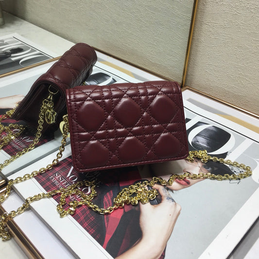 Dior Lady Dior Nano 鏈條卡包/腰包-酒紅色