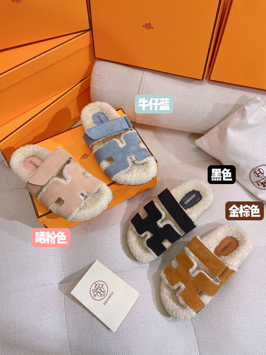 小愛款-2022秋冬新款 羊羔毛拼皮H拖鞋 集合圖