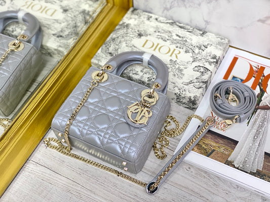 Dior-Mini Lady Dior手袋-三格黛妃-17cm-珠光灰金扣