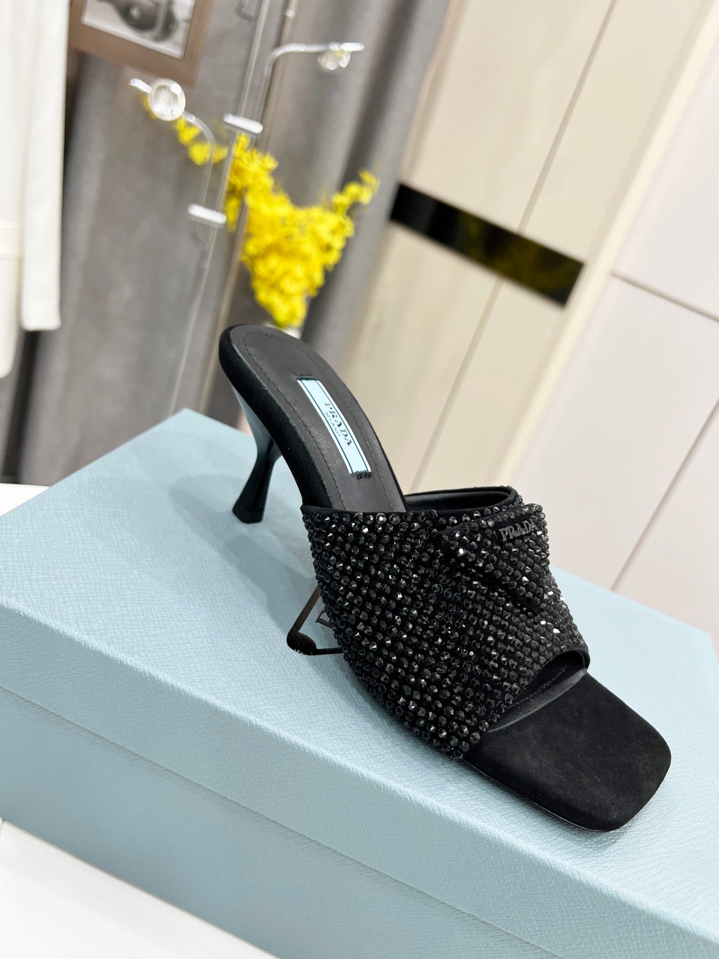 Prada鞋-Prada 鑽面 細跟 拖鞋