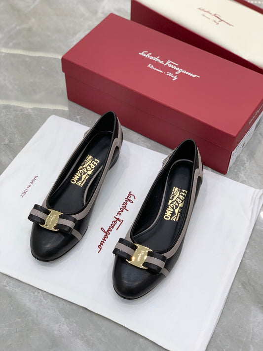 Salvatore Ferragamo鞋-菲拉格慕 VARA蝴蝶結 拼接低粗跟鞋