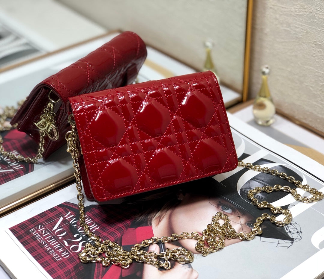 Dior Lady Dior Nano 鏈條卡包／腰包-漆皮紅色