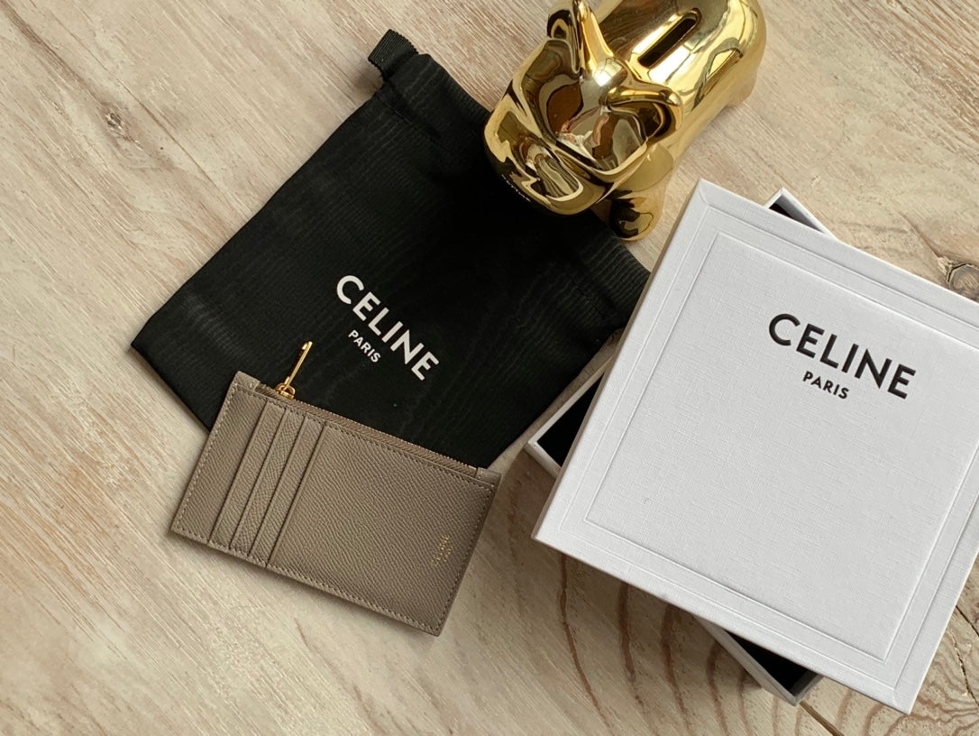 Celine 粒面小牛皮拉鍊卡包-卵石灰