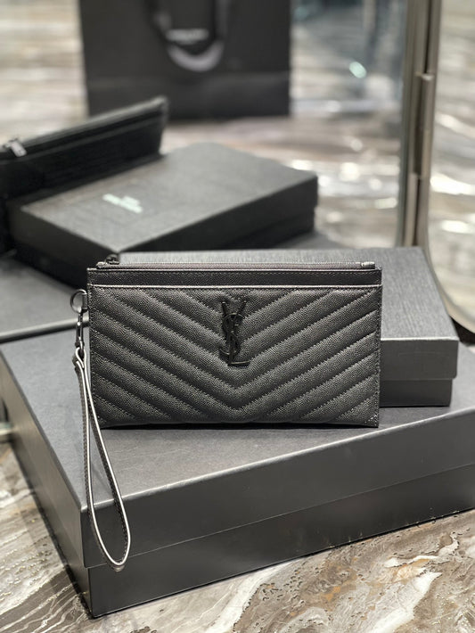 YSL 拉鍊手拿包 扁長夾 黑色黑扣