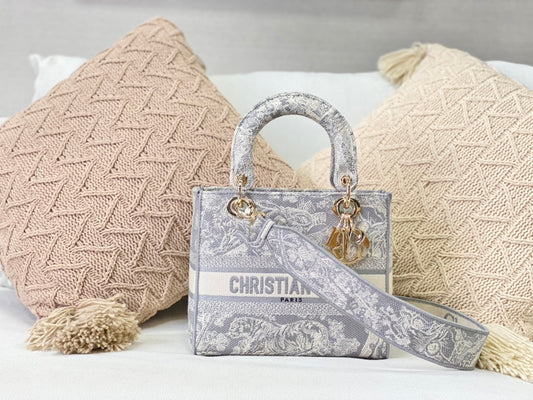 Dior Lady D-Lite黛妃包-帆布刺繡-淺灰老虎