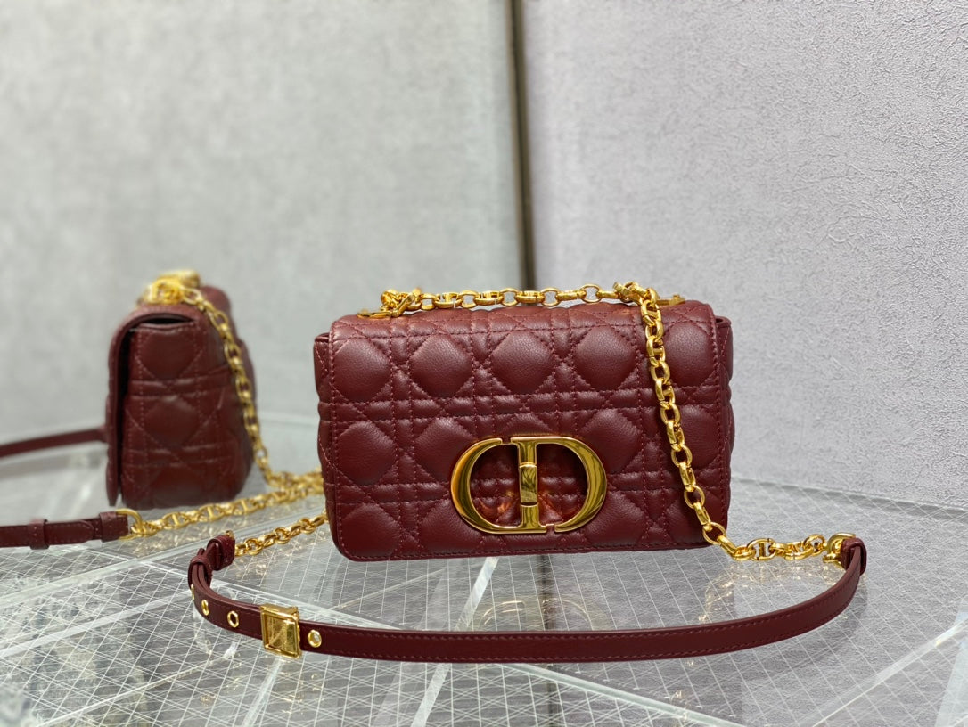 Dior-Caro 菱格紋 小牛皮 小號 酒紅色