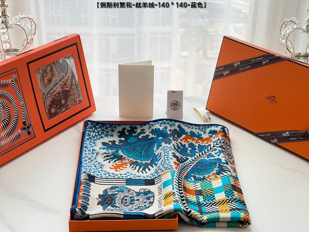 小愛款-佩斯利繁花 140真絲羊絨方巾