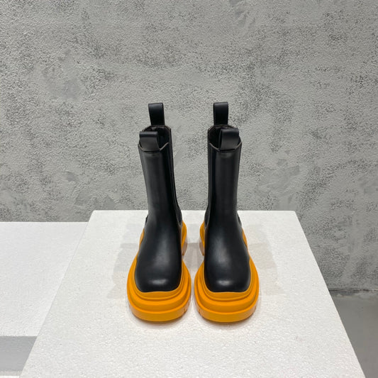 B編織-22SS 英倫復古中筒靴 男女同款 黑色橘底