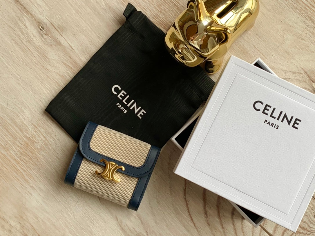 Celine 織物和牛皮革小號翻蓋錢包
