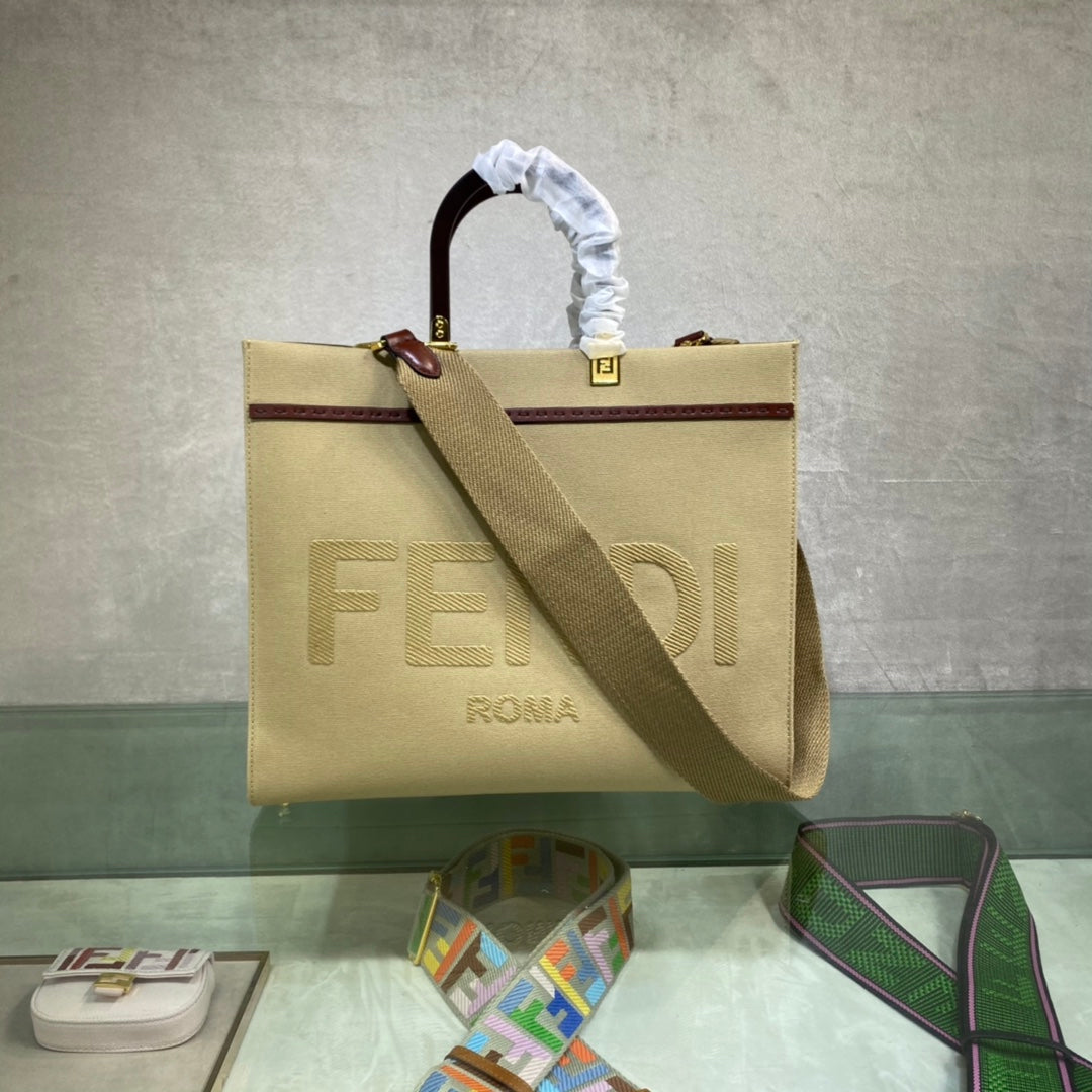 芬F家-Fendi Sunshine-中號米色帆布手提袋