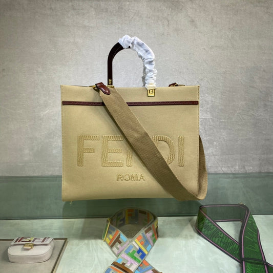 芬F家-Fendi Sunshine-中號米色帆布手提袋